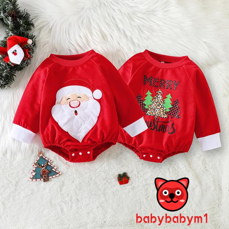 Babybaby-quần Áo Liền Quần Tay Dài Cổ Thuyền Tay Dài In Hình Ông Già Noel / Cây Thông