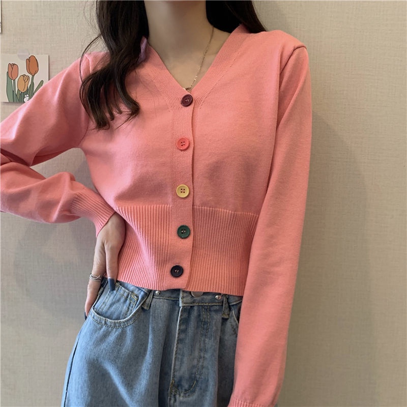 Áo Sweater Dệt Kim Tay Dài Cổ Chữ v Cài Nút Nhiều Màu Sắc Thời Trang Mùa Thu Cho Nữ