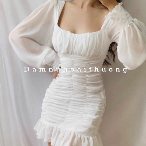 Đầm voan / Váy ôm body nhún eo tay bồng màu trắng tôn dáng cực xinh