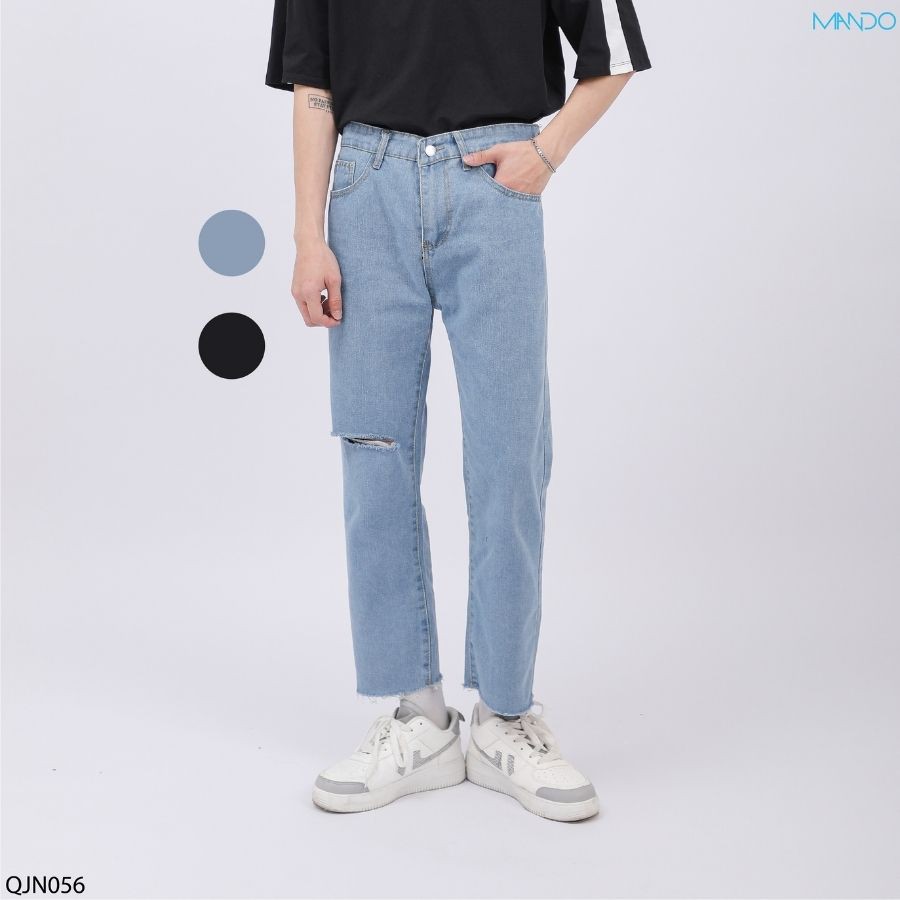 Quần Jean Nam Rách Gối MANDO Vải Bò Cao Cấp 2 Màu Xanh Đen Form Suông Rộng Basic Unisex Thời Trang Hàn Quốc QJN056 | BigBuy360 - bigbuy360.vn