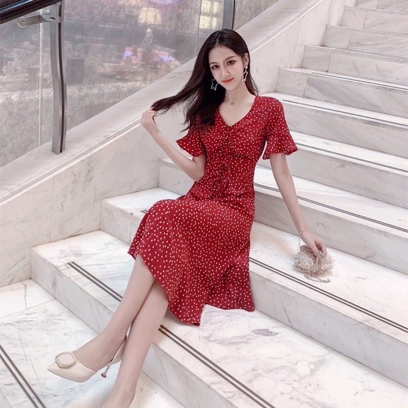 Đầm bi đỏ form dài rút cổ (kèm hình thật)