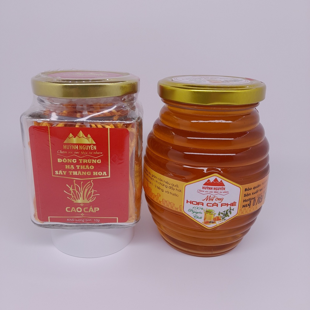 Đông Trùng Hạ Thảo Khô Sấy Thăng Hoa Huỳnh Nguyên loại Cao Cấp hộp 10g và Mật Ong Hoa Cà Phê Nguyên Chất Hủ 350ml