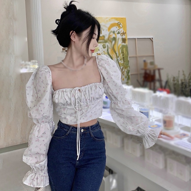 Áo croptop tay dài phồng cổ vuông in họa tiết hoa thời trang cho nữ