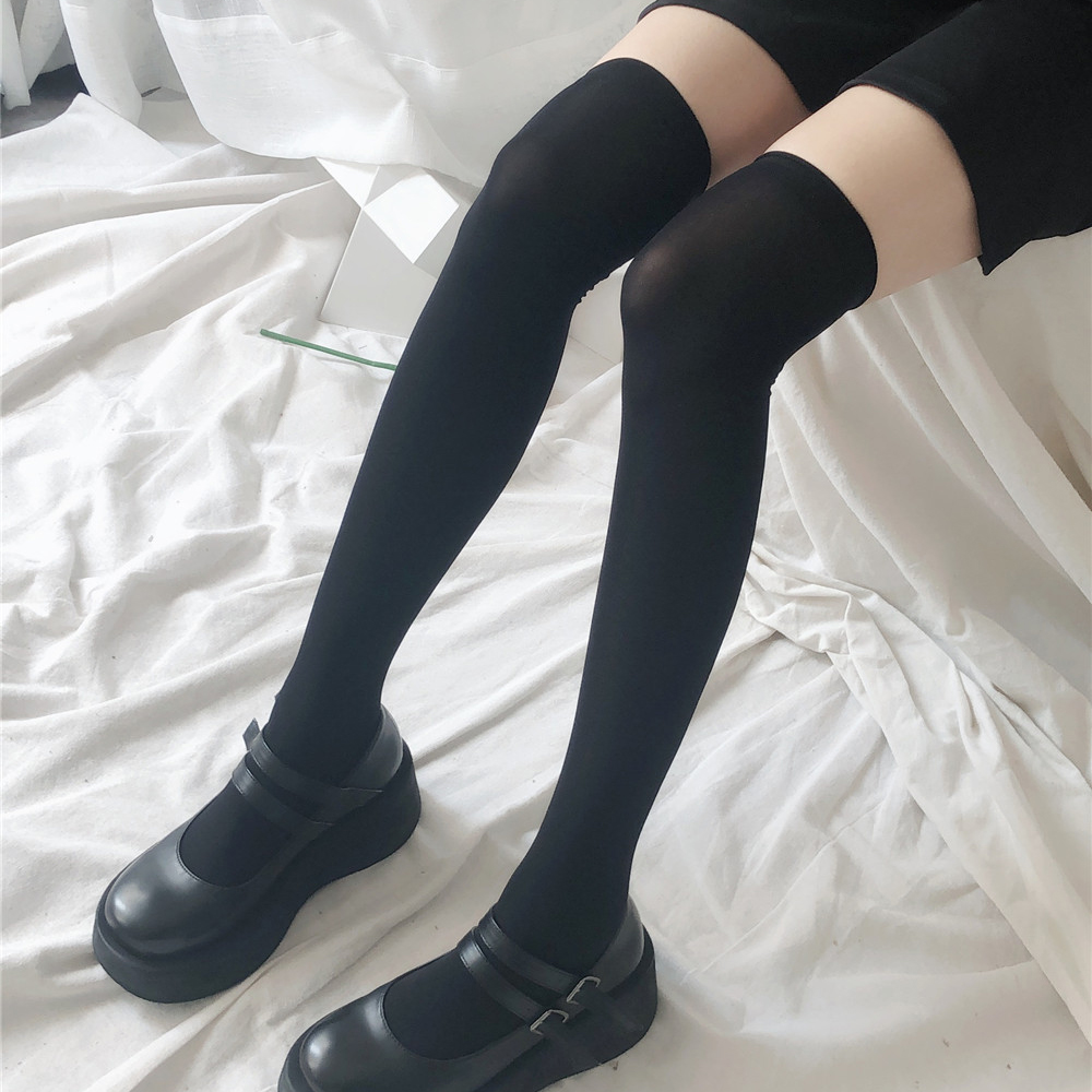 Tất dài qua đầu gối màu trơn bằng cotton mỏng phong cách Nhật Bản quyến rũ cho nữ