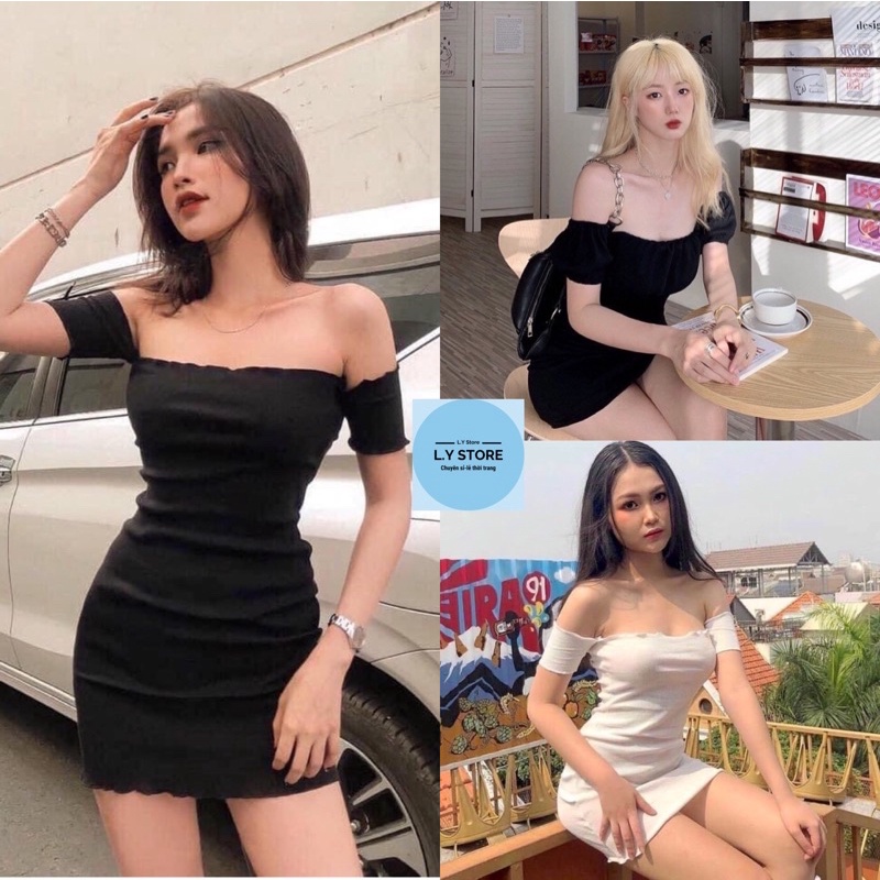 Váy Body Viền Bèo Hở Vai Nữ  🌸 Đầm dáng ôm cộc tay bánh bèo tiểu thư màu ĐEN | TRẮNG Ulzzang 🌸