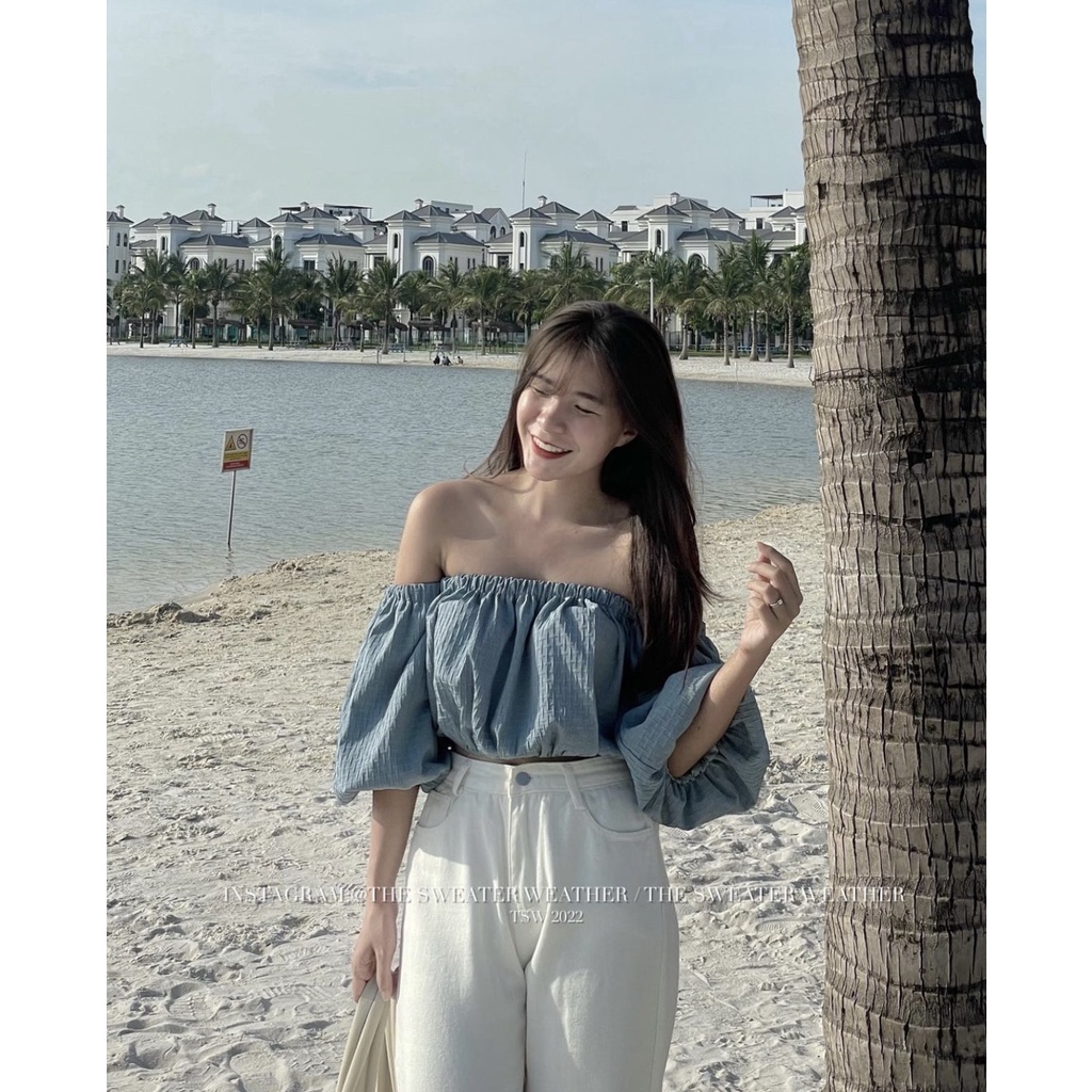 Áo trễ vai xốp tay siêu bồng croptop Hàn Quốc