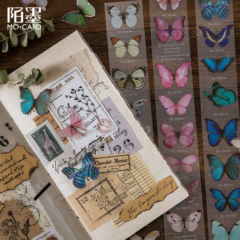 S15 - Dải sticker PET chống nước masking tape bươm bướm vintage cổ điển MoCard trang trí sổ bullet journal, junk journal