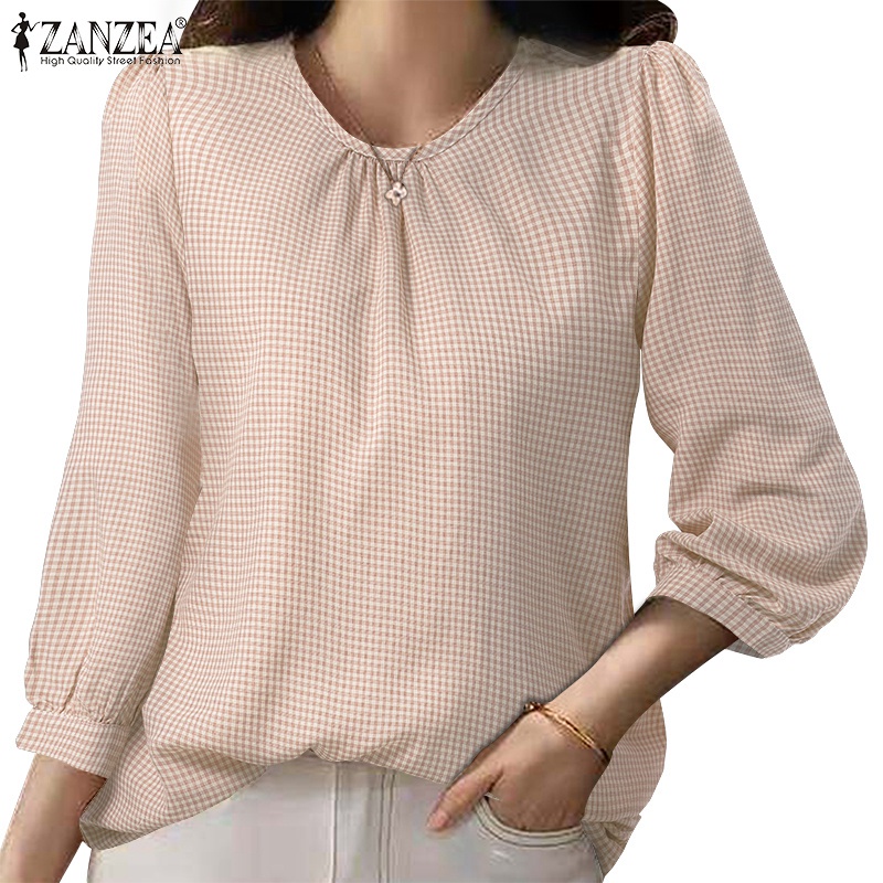 Áo kiểu ZANZEA cổ tròn tay áo 3/4 in họa tiết kẻ sọc caro dễ phối đồ kiểu dáng thanh lịch cho nữ