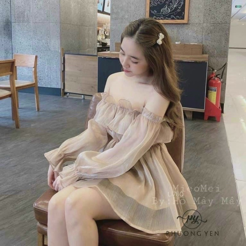 Áo trễ vai tay phồng vải tơ lụa 2 lớp, áo babydoll nữ bánh bèo tiêu thư dài tay