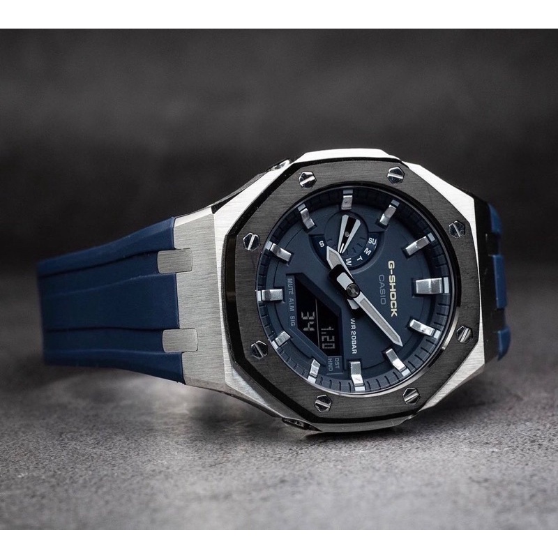 Đồng hồ nam casio G-shock GA-2110-2a custom viền thép bạc đen dây cao su xanh cọc số bạc