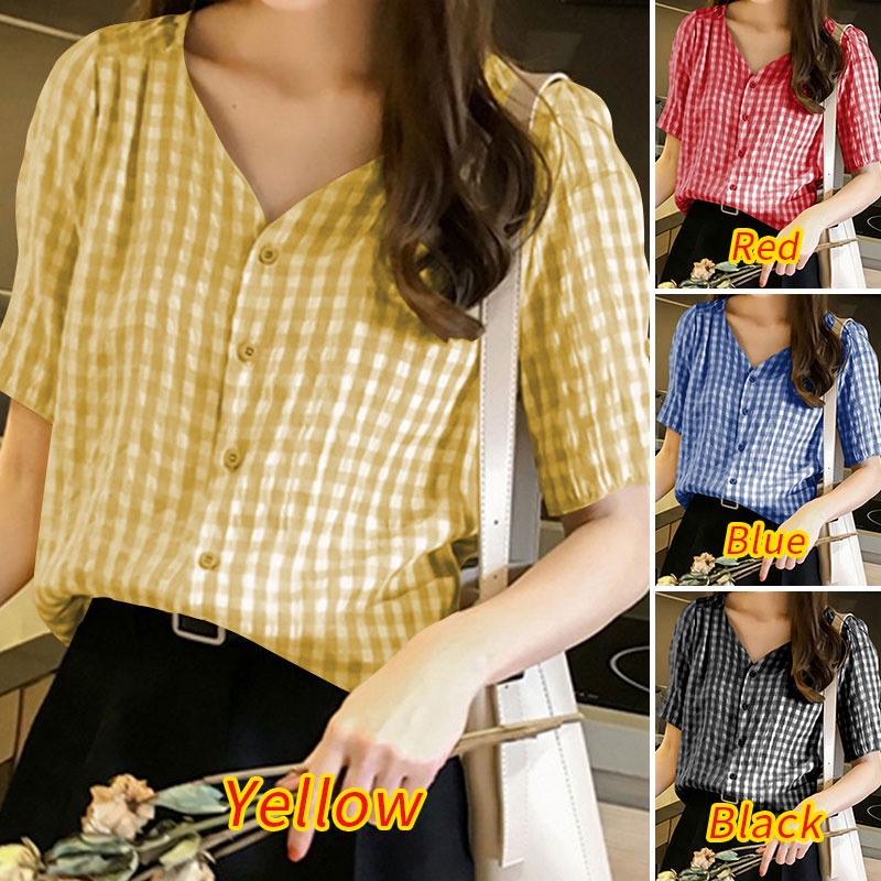 Áo sơ mi Zanzea tay lửng cổ chữ V họa tiết kẻ caro thời trang Hàn Quốc cho nữ