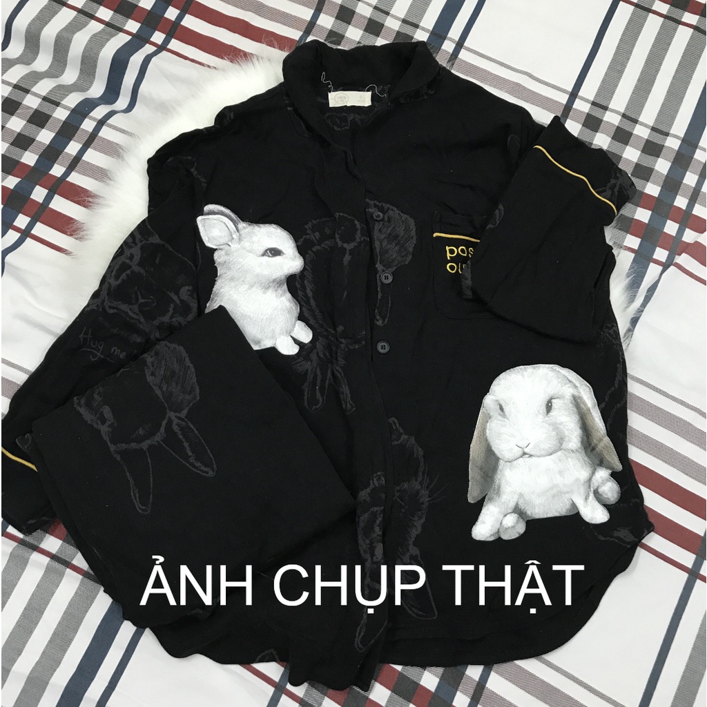 Bộ Pyjama đen in thỏ trắng size S quần áo ngủ - ẢNH CHỤP THẬT