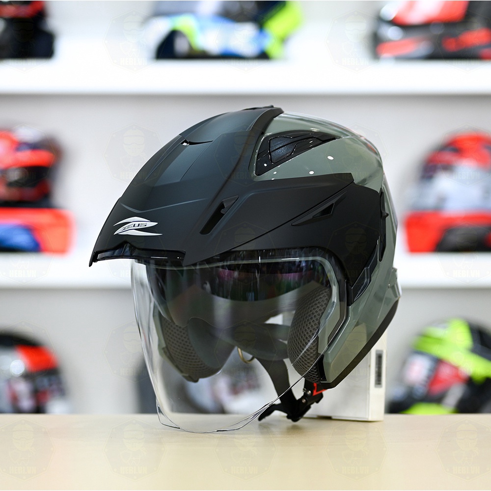 Mũ 3/4 2 Kính Zeus 613B Xám Bóng Tặng Kèm Mái Che Có Thể Tháo Rời