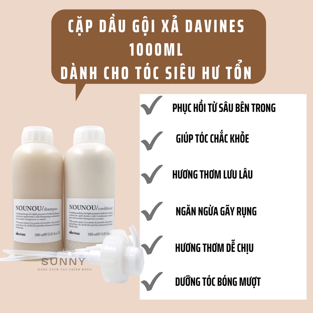 Dầu gội xả Davines Nounou 1000ml chính hãng, chăm sóc tóc, phục hồi tóc hư tổn