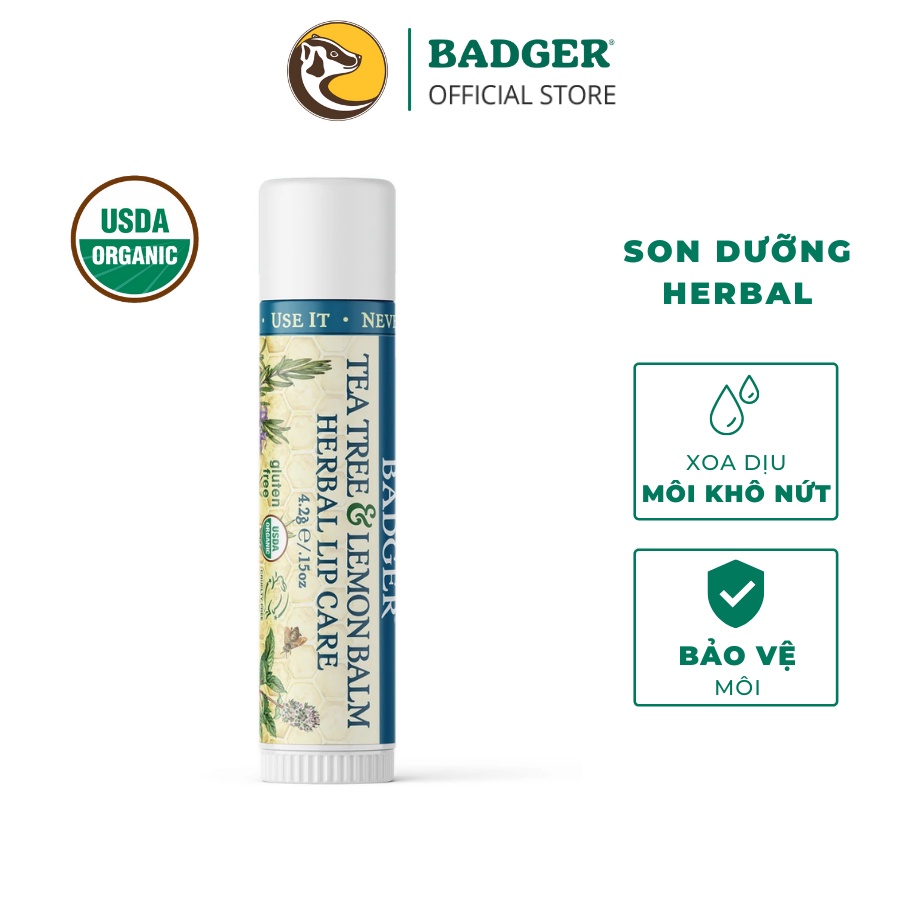 Son dưỡng môi hữu cơ BADGER Tea Tree &amp; Lemon Balm Herbal Lip Balm USDA Organic - 4.2g