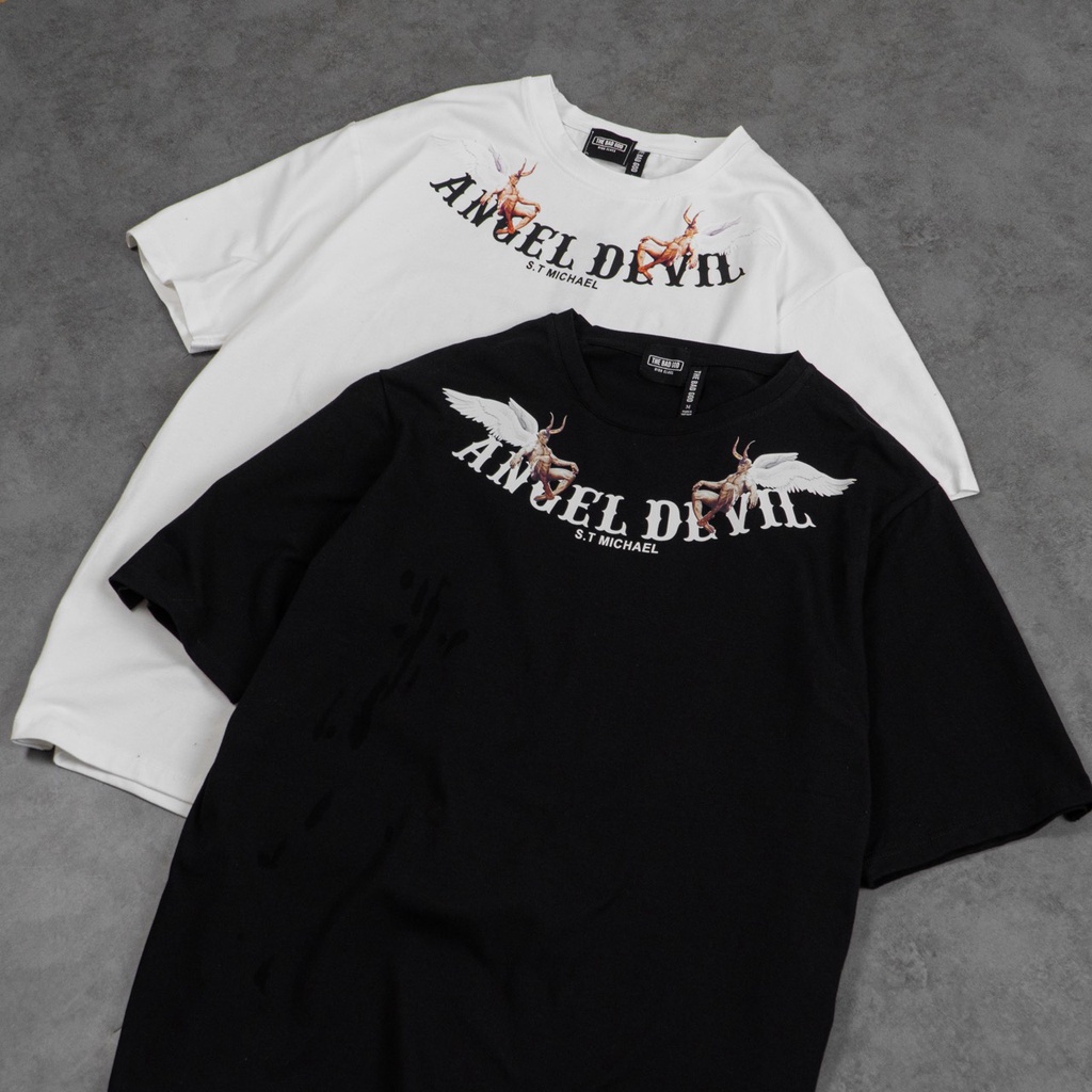 Áo thun unisex tay lỡ nam nữ form rộng ,áo phông phong cách Angel Devil basic tee phong cách đường phố A500 X68Store