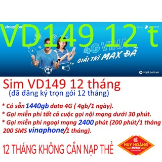[MIỄN PHÍ 12 THÁNG] SIM VINAPHONE VD149 1440GB DATA , 200 PHÚT MIỄN PHÍ GỌI NGOẠI MẠNG/ THÁNG
