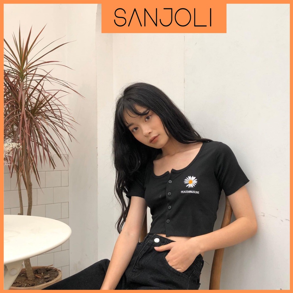 Áo Croptop Nữ Tay Ngắn Ôm Body Có Cổ Vuông Bo Tròn Đẹp Kiểu Ulzzang Hàn Quốc Jennie Sexy SANJOLI AO006