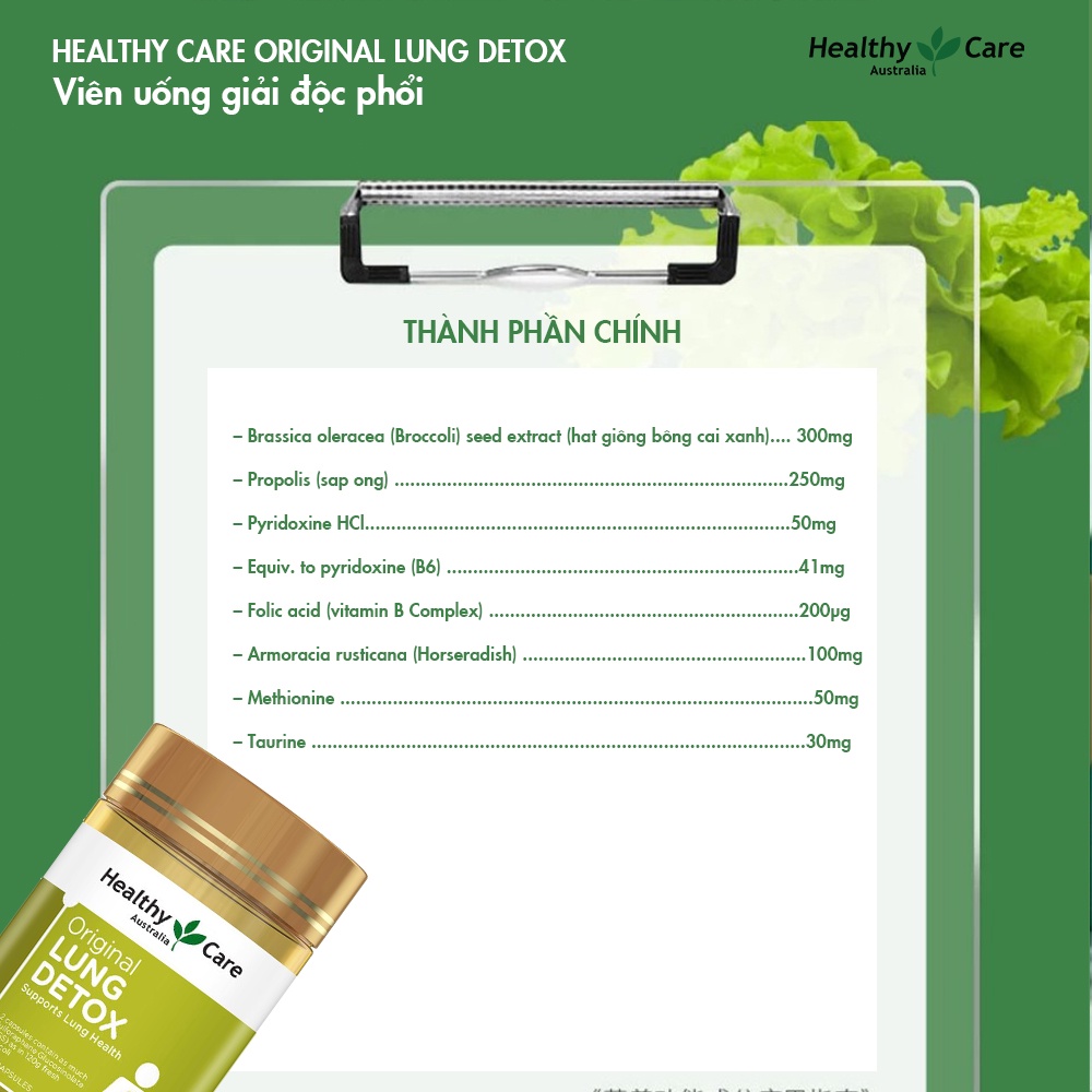 Viên uống giải độc phổi Healthy Care Original Lung Detox 180 viên