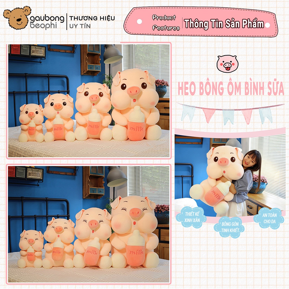 Gấu bông heo ôm bình sữa đủ size, nhiều cảm xúc, hàng cao cấp, quà tặng cho nhiều lứa tuổi shop Gấu Bông Béo Phì