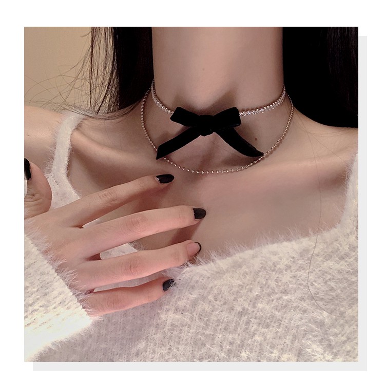 Vòng cổ choker 2 lớp mặt hình nơ đính đá phong cách Hàn Quốc thời trang
