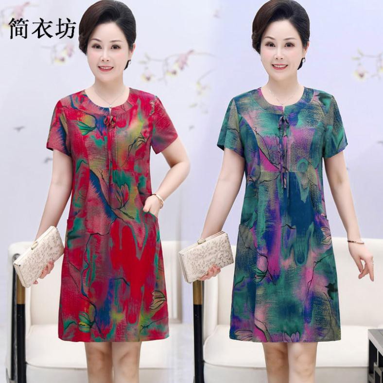 Các bà mẹ trung niên và phụ nữ cao tuổi váy mùa hè 2020 new plus size lụa cotton cấp rộng rãi hàng quảng châu