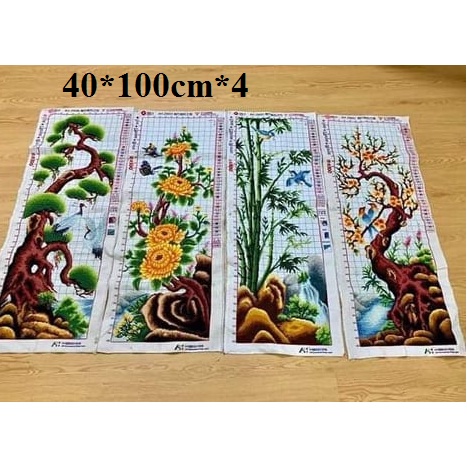 Tranh thêu chữ thập thành phẩm tứ quý đào lan trúc cúc