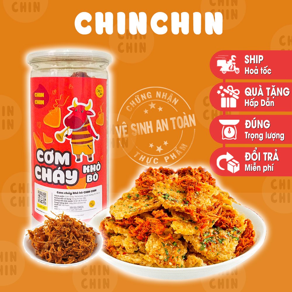 Đồ ăn vặt cơm cháy lắc khô bò chiên mắm hành giòn trứng muối ngon 300g ChinChin