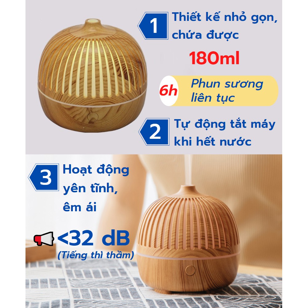 Máy Xông Tinh Dầu 🔷𝐅𝐑𝐄𝐄𝐒𝐇𝐈𝐏🔷 Khử Mùi, Bổ Sung Ẩm, Dung Tích 180 ml Tặng Kèm Tinh Dầu, Bảo Hành 24 Tháng