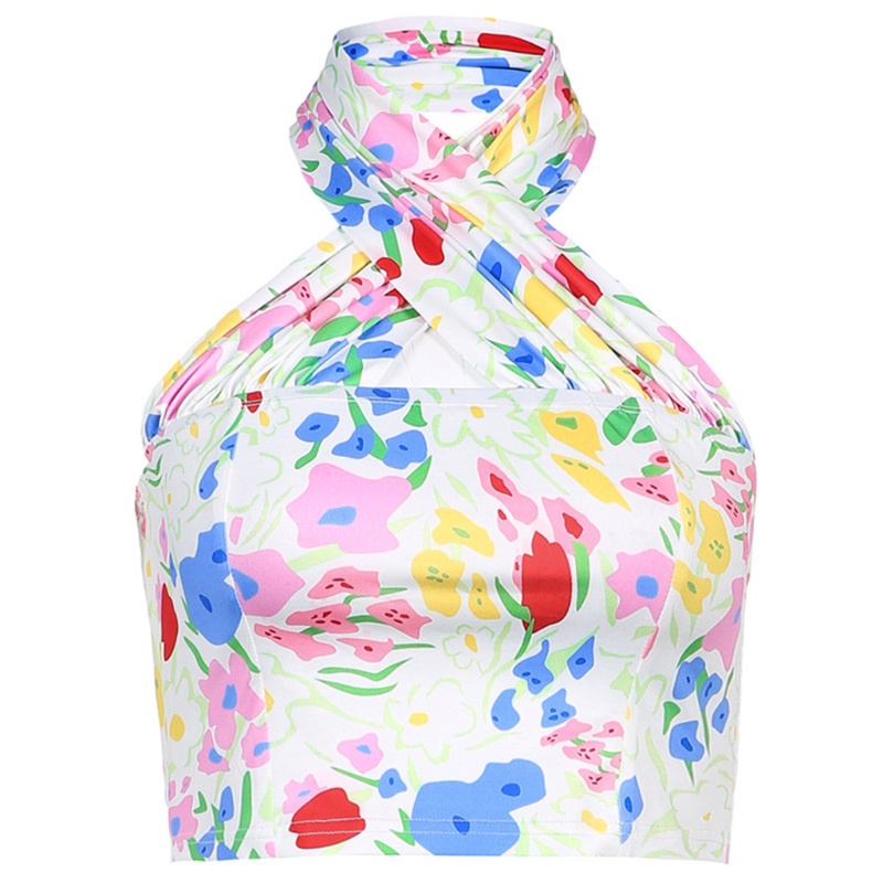 Xiangbao Áo Crop Top Dây Chéo Hở Lưng Họa Tiết Hoa Gợi Cảm Cho Nữ