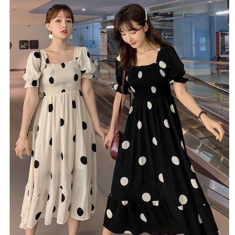 Đầm Tay Ngắn Họa Tiết Chấm Bi Dễ Thương 164182 Đầm Chiffon Dài Qua Gối Cổ Vuông Lưng Cao Thời Trang Cho Nữ