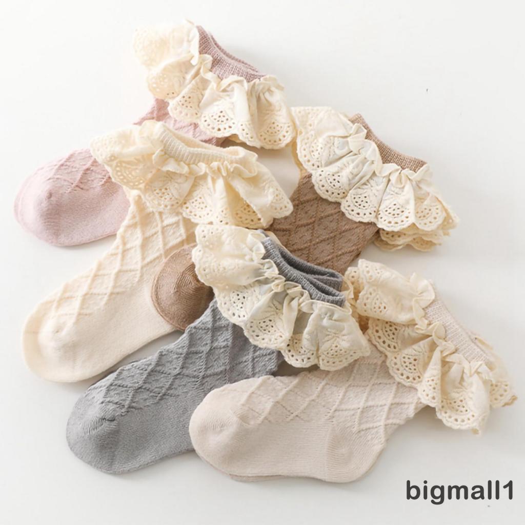 Vớ cotton cổ cao ngang mắt cá chân phối bèo nhún trang trí ren màu trắng/hồng/xám/nâu cho bé gái 0-12 tuổi