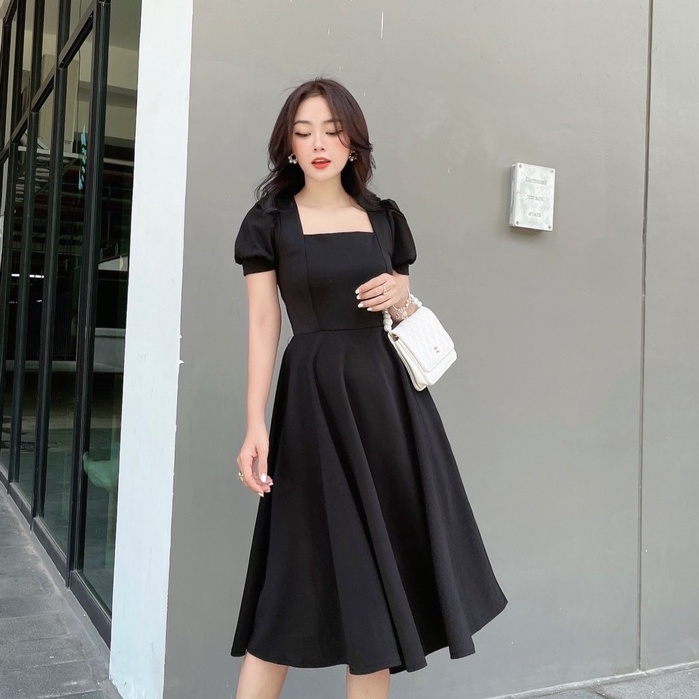 Váy Đi Tiệc NHẬT VY Tay Phồng Cổ Vuông Chiết Eo Dáng Xoè Chất Thun Màu Đen - D2364