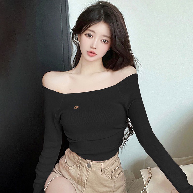 Áo Thun Dệt Kim Tay Dài Hở Vai Màu Trơn Thời Trang Hàn Quốc Dành Cho Nữ