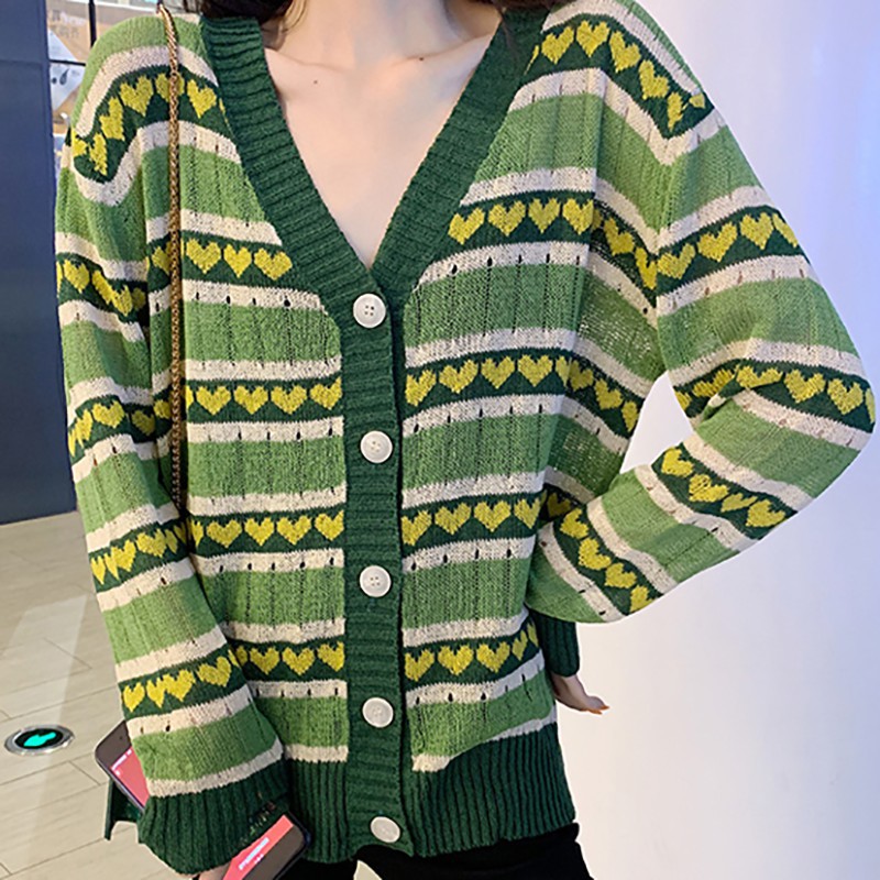 Áo khoác Cardigan dệt kim phối nút kẻ sọc phối màu