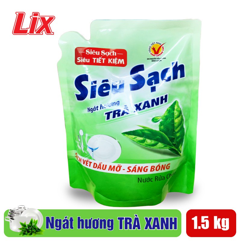 Nước rửa chén LIX 1.5KG siêu sạch hương trà xanh loại túi N8102 làm sạch vết bẩn dầu mỡ không hại da tay
