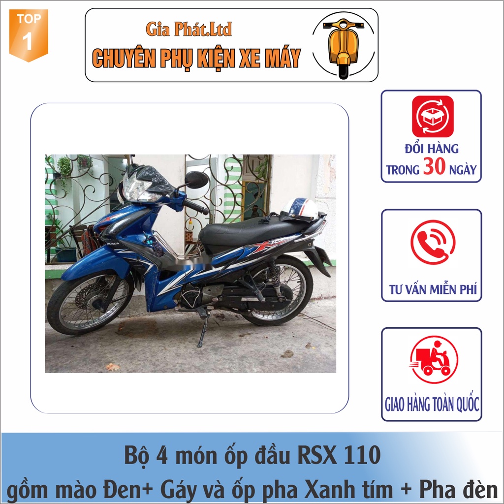 Combo ốp đầu Wave RSX 110  gồm Mào ĐEN - Gáy XANH TÍM - và Pha đèn kèm bóng