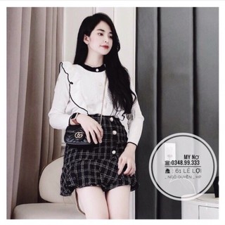 Set len trắng bèo chân váy dạ cúc