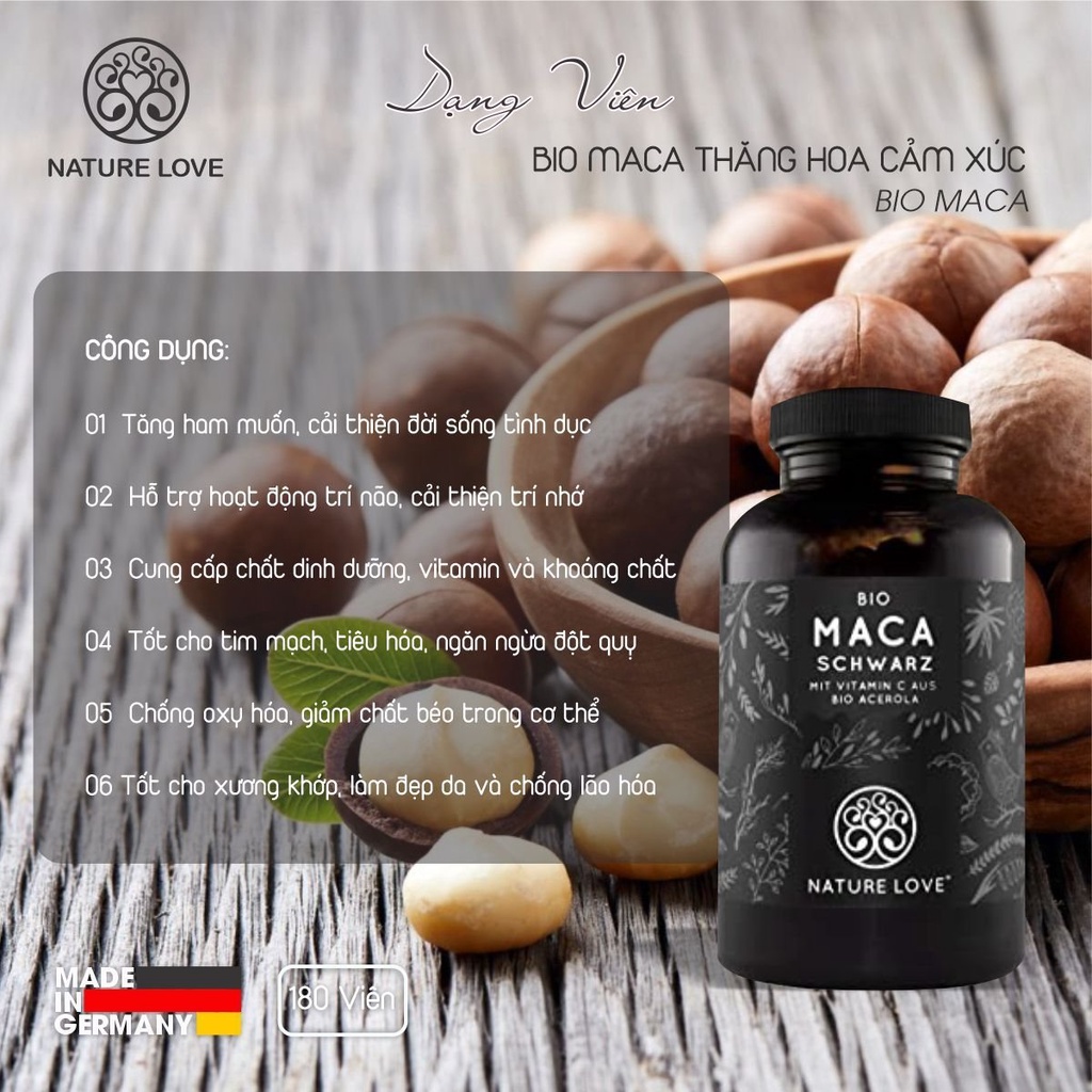 [Date 2/2024] Chiết xuất Maca, tăng cường sinh lực, tăng khả năng sinh sản - NATURE LOVE® BIO MACA (Hộp 180 Viên)
