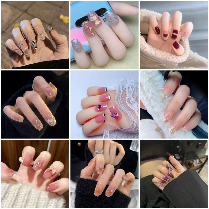 24 Móng giả màu đỏ đính đá ngọc trai giả thời trang kèm keo dán