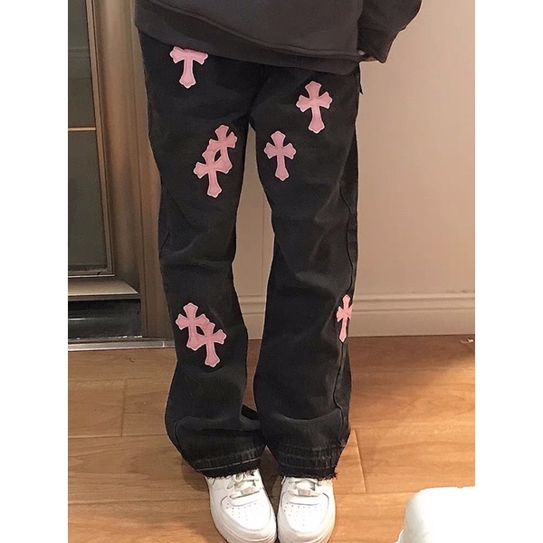 Quần bò jeans ống rộng CH thêu thánh giá hồng chất da tua rua Ulzzang siêu chất ❤️