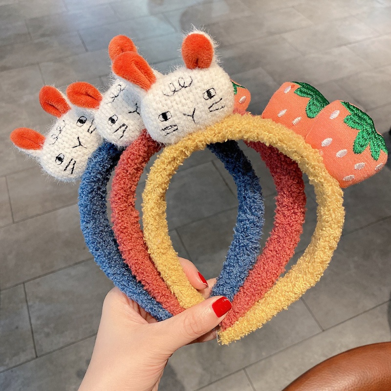 Flgo Băng Đô Tai Thỏ Nhồi Bông Mềm Mại Họa Tiết Dâu Tây Hoạt Hình Dành Cho Rửa Mặt /