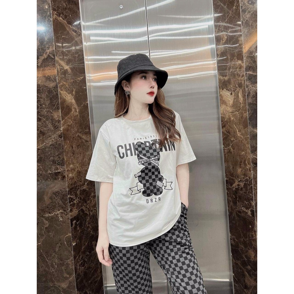 Đồ Bộ dài Form Rộng Áo Thun Cotton Logo Thêu Phối Quần Thun Lạnh In 3D Họa Tiết Có Bo Chân