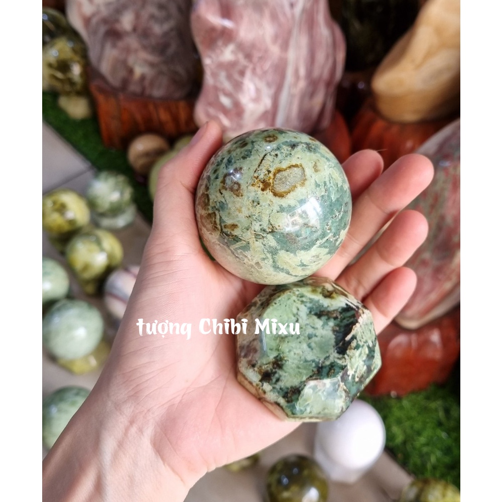 Bi cầu đá Serpentine 6.5cm kèm đế đá phong thủy