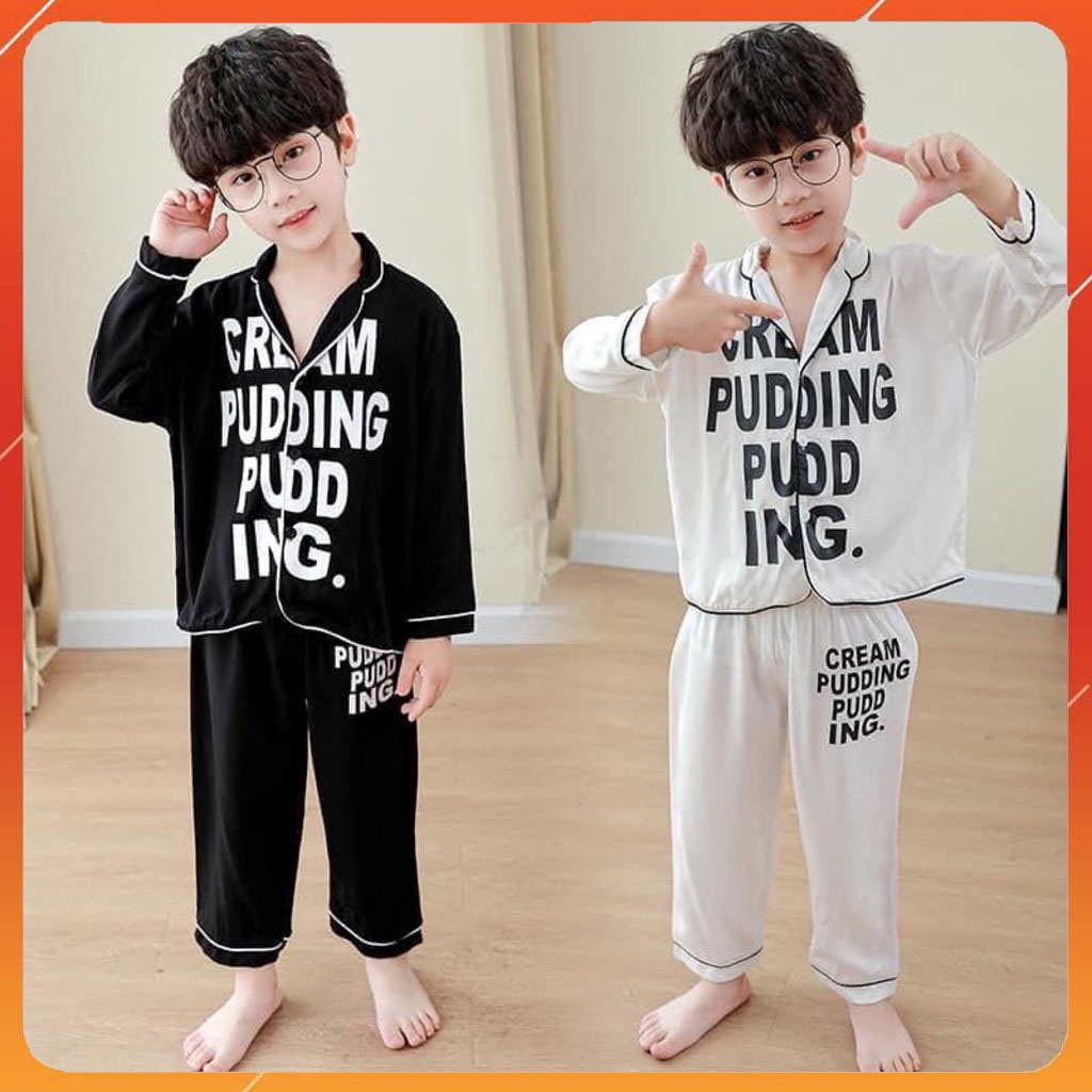 Bộ Pijama lụa dài tay in chữ cho bé từ 6-28Kg, Bộ đồ ngủ dài tay cho bé trai và bé gái mặc đều xinh TRANGSTORE