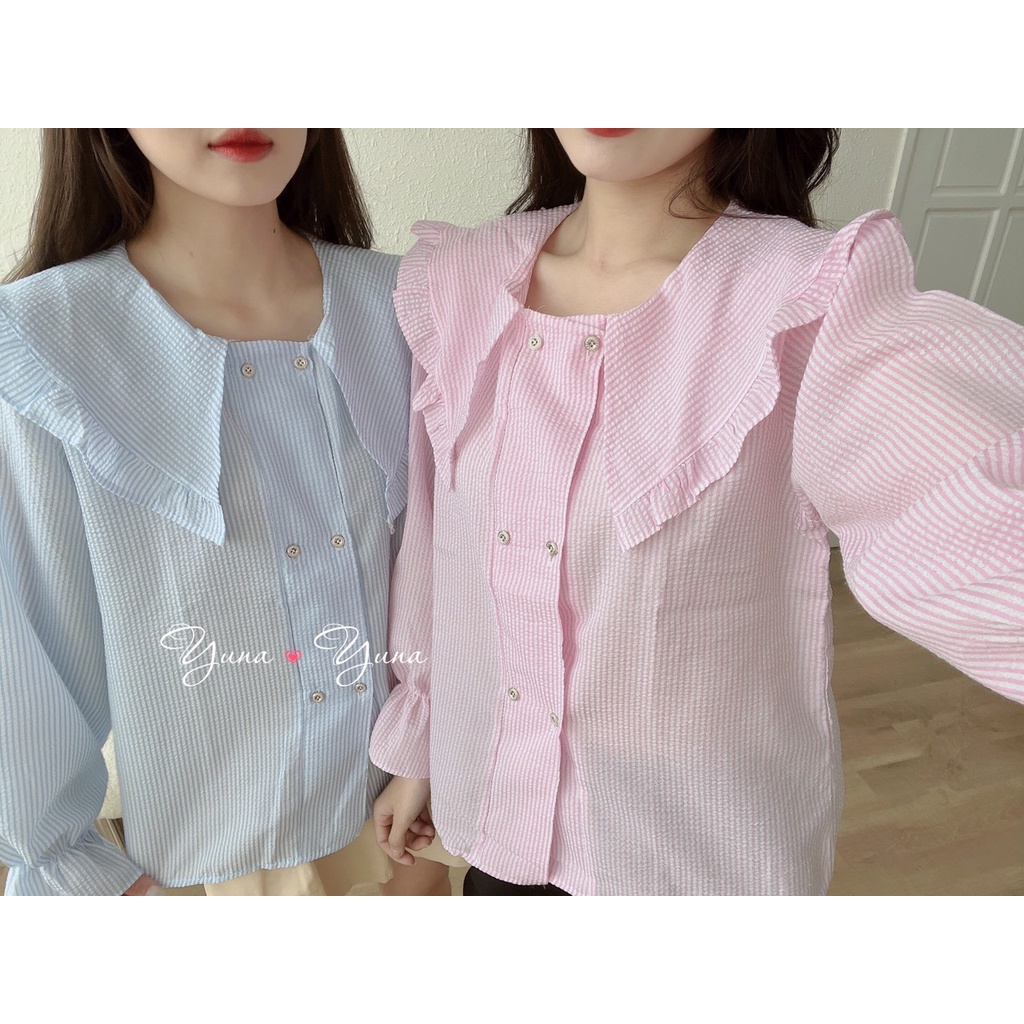 Áo sơ mi nữ MAIKA cổ bèo  tay bo  chất đũi  kẻ xốp kiểu dáng Vintage phong cách Hàn Quốc, thời trang nữ YUNA | BigBuy360 - bigbuy360.vn