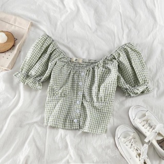 Croptop trễ vai kẻ