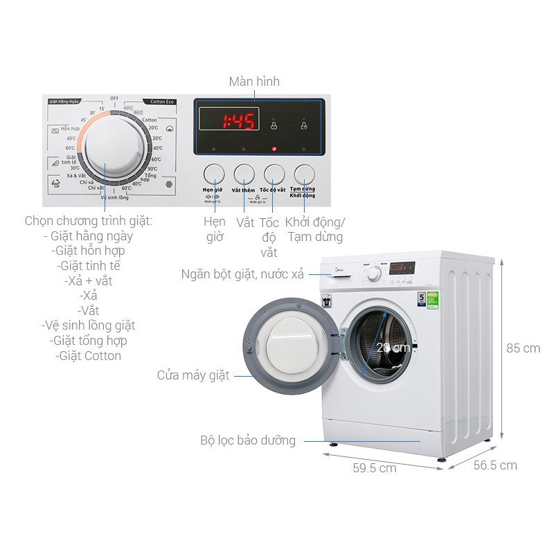 Máy giặt Midea 8 kg MFD80 - 1208