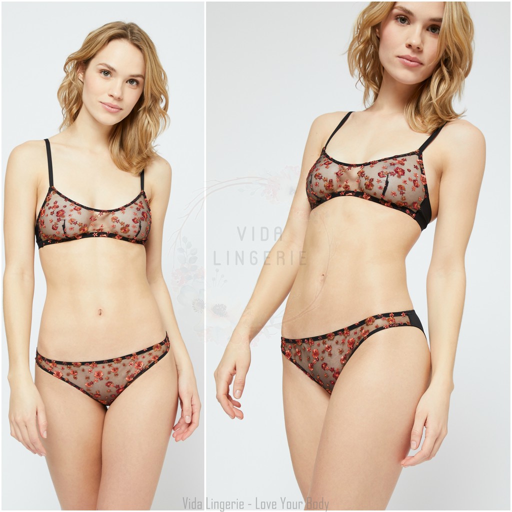Áo bralette hoa thêu vải lưới xuất âu