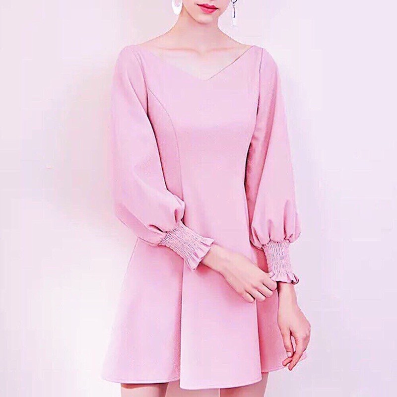 Đầm hồng cổ V tay dài v2 (kèm hình thật)